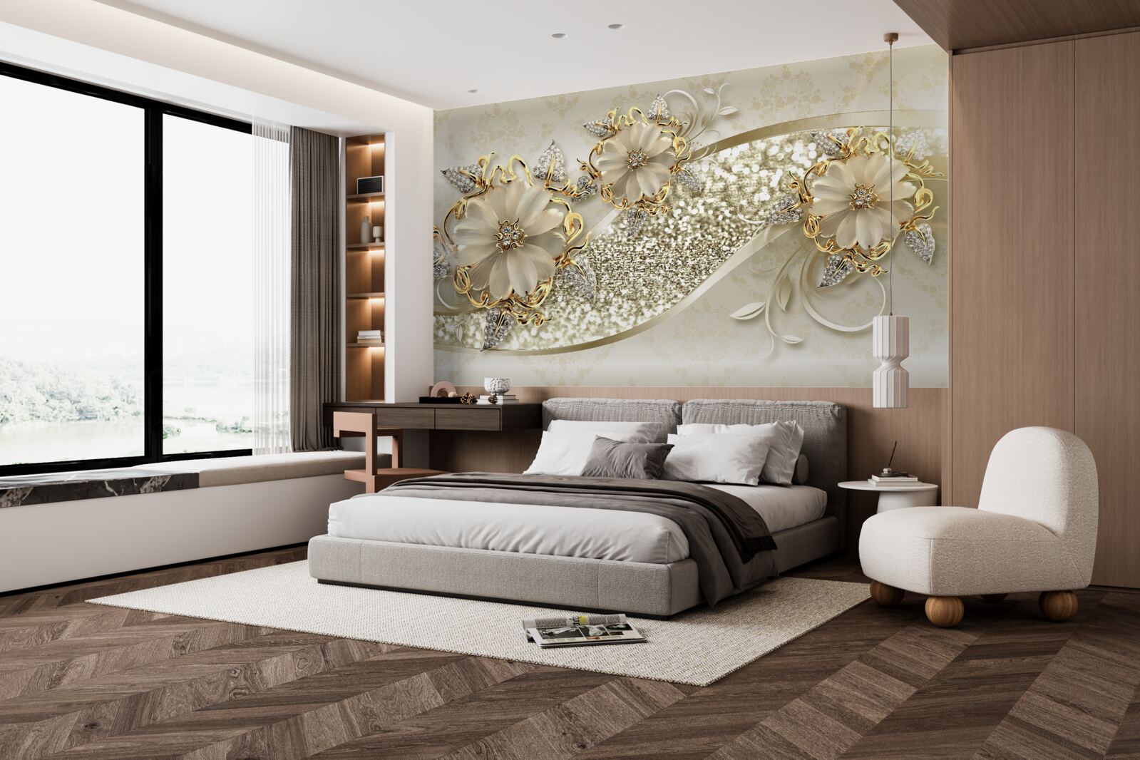 Papier peint bouquets sur un mur d'or