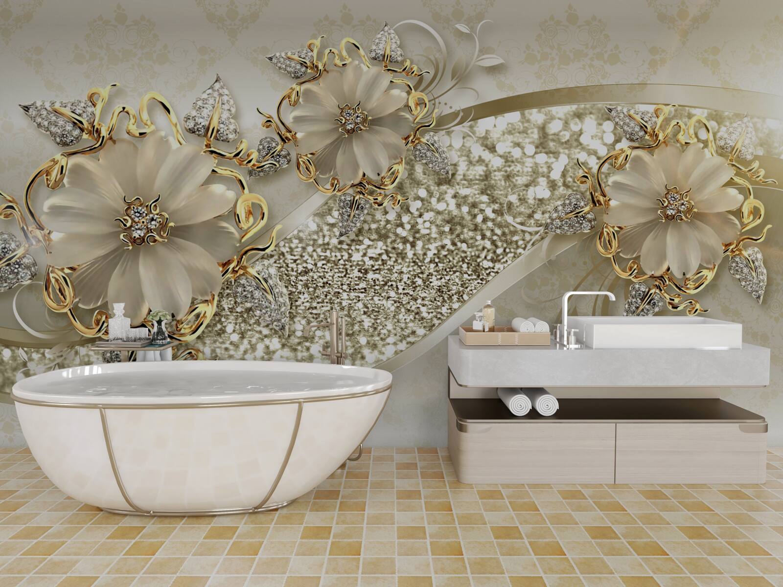 Papier peint bouquets sur un mur d'or