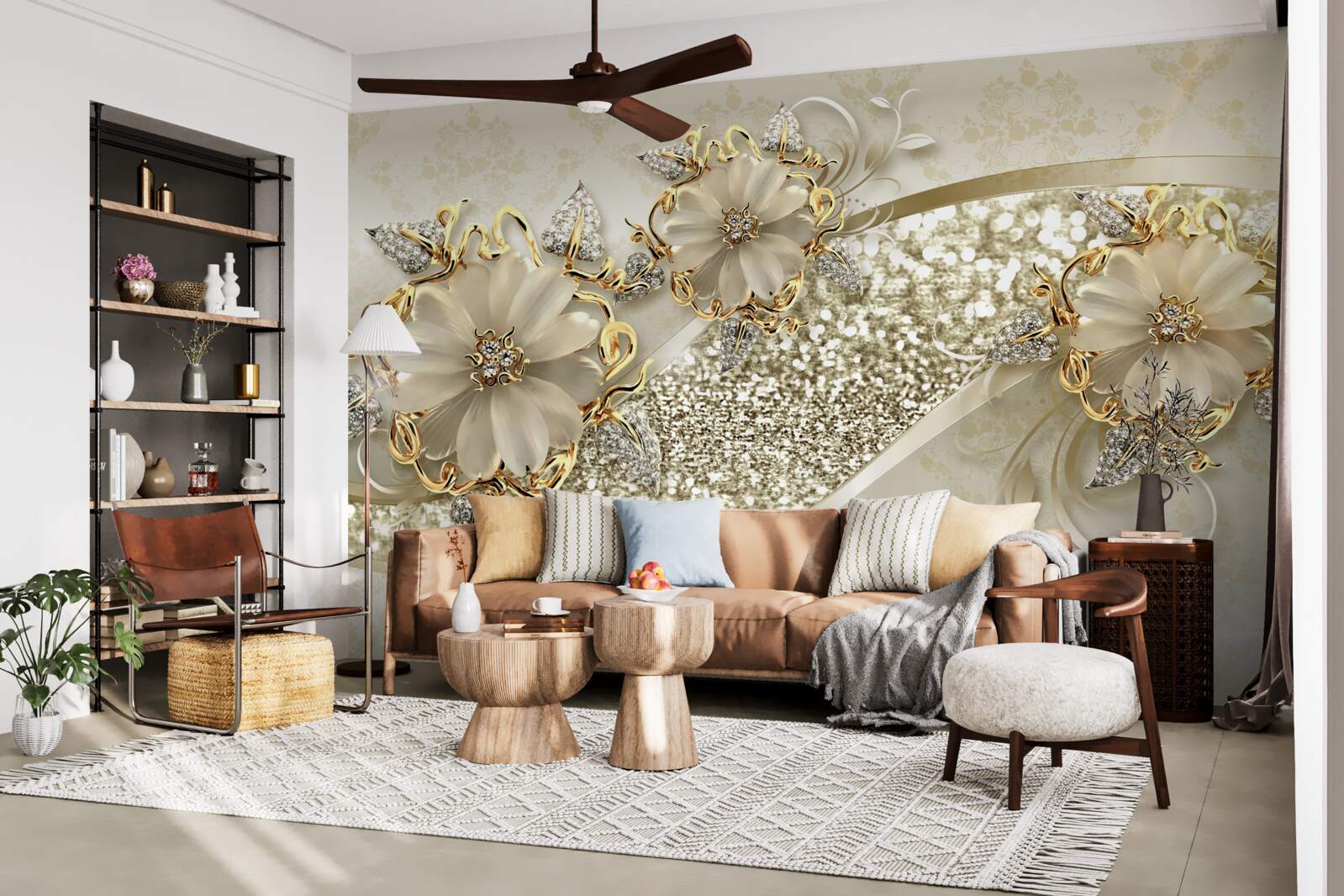 Papier peint bouquets sur un mur d'or