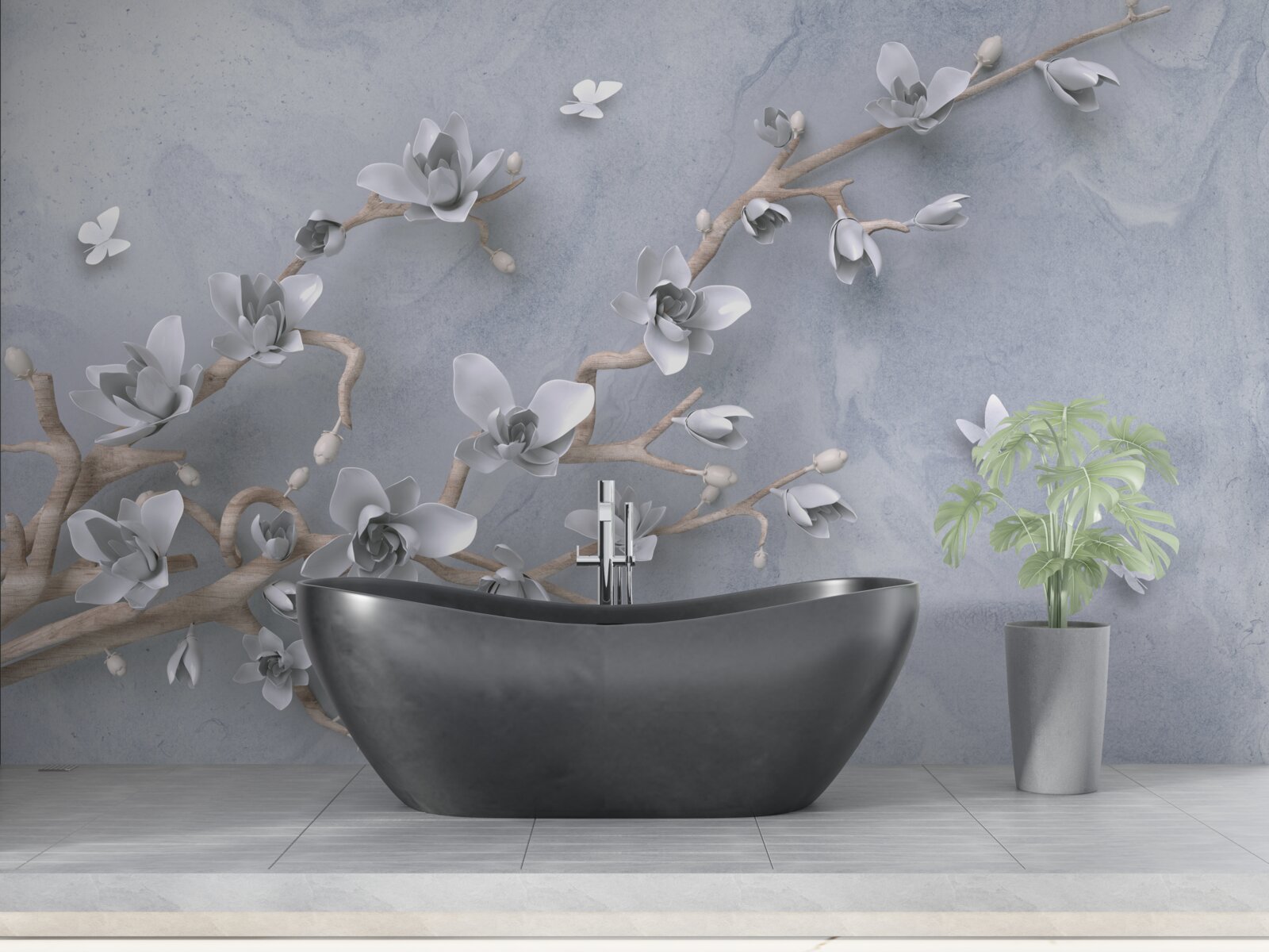 Papier peint branche décorée de bourgeons