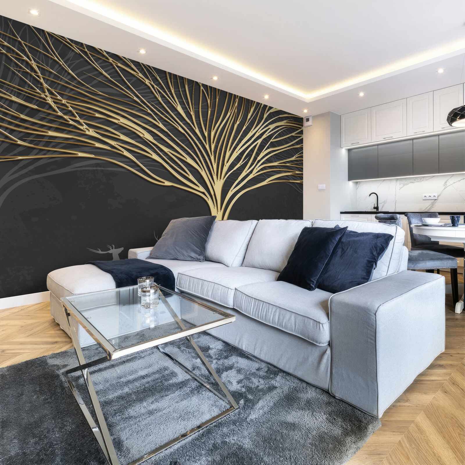 Papier peint arbre abstrait en or