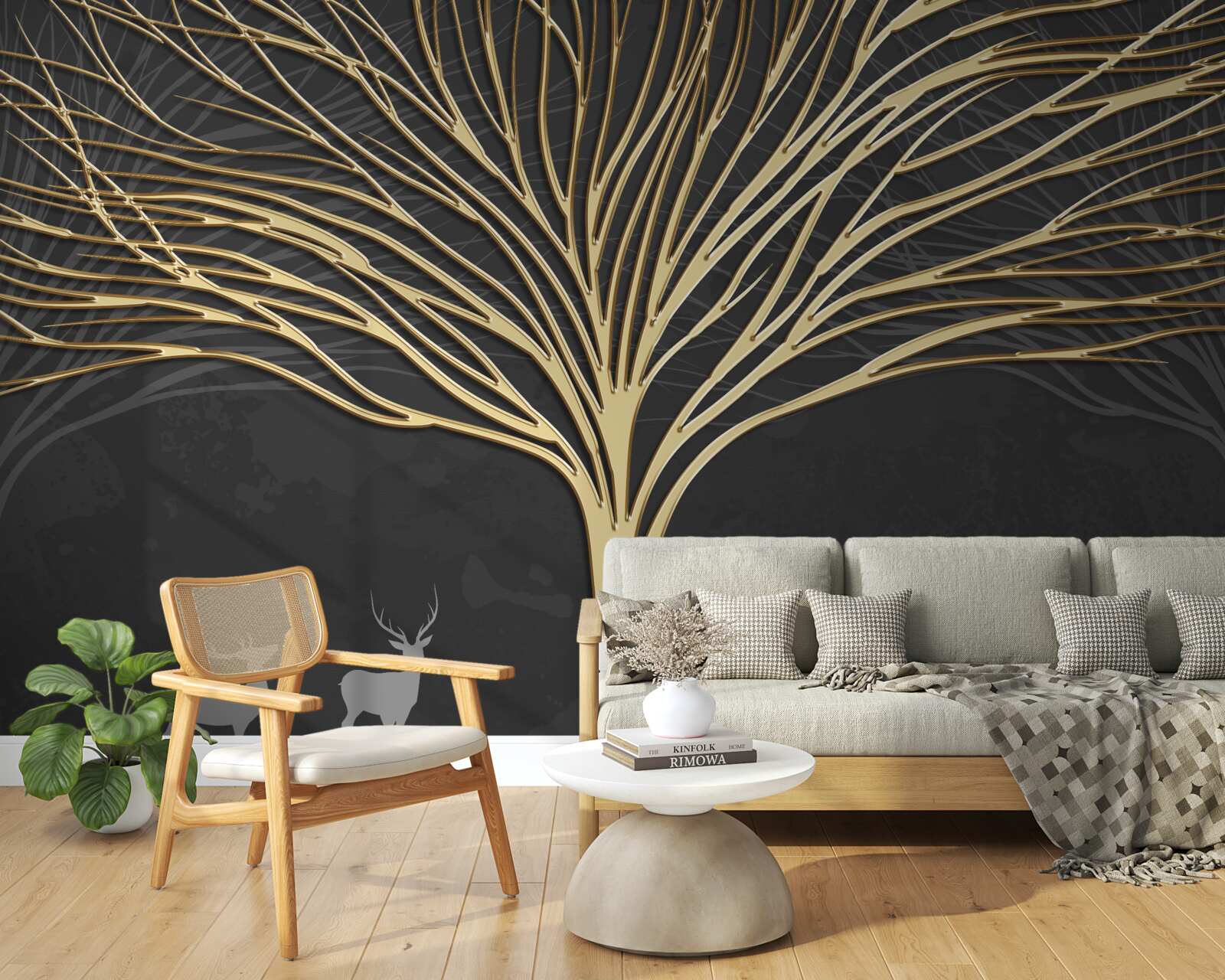 Papier peint arbre abstrait en or