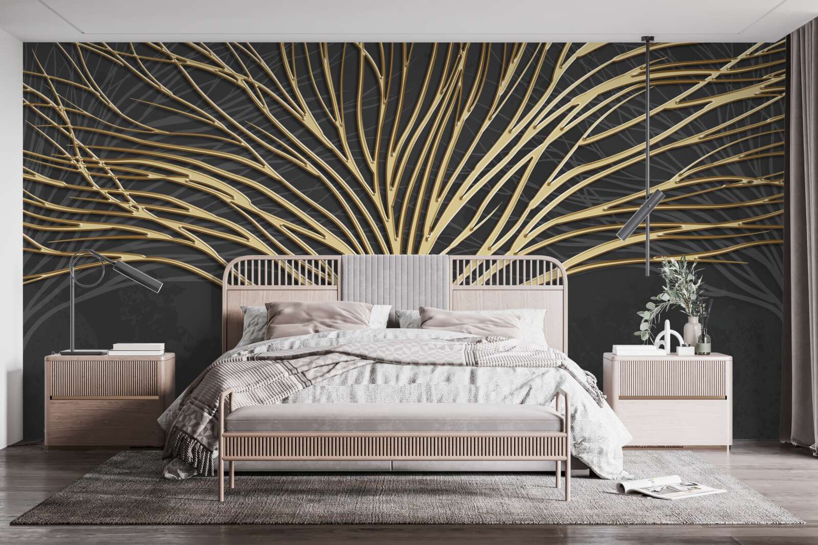 Papier peint arbre abstrait en or