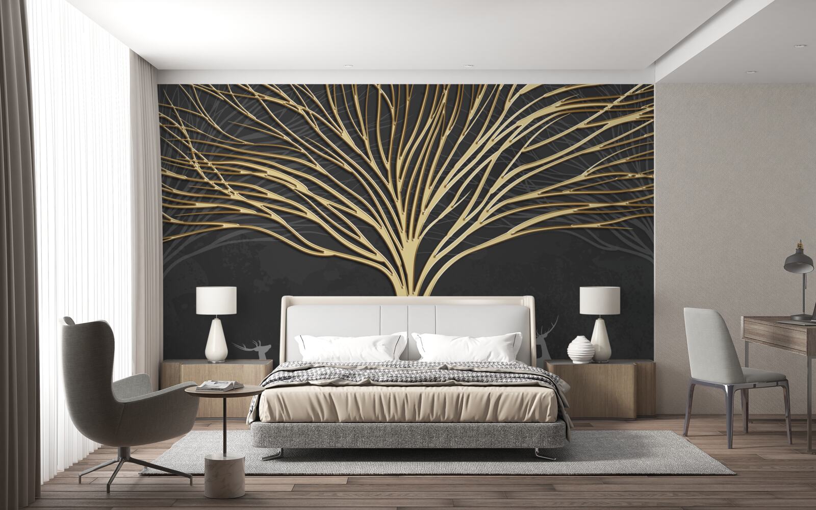 Papier peint arbre abstrait en or