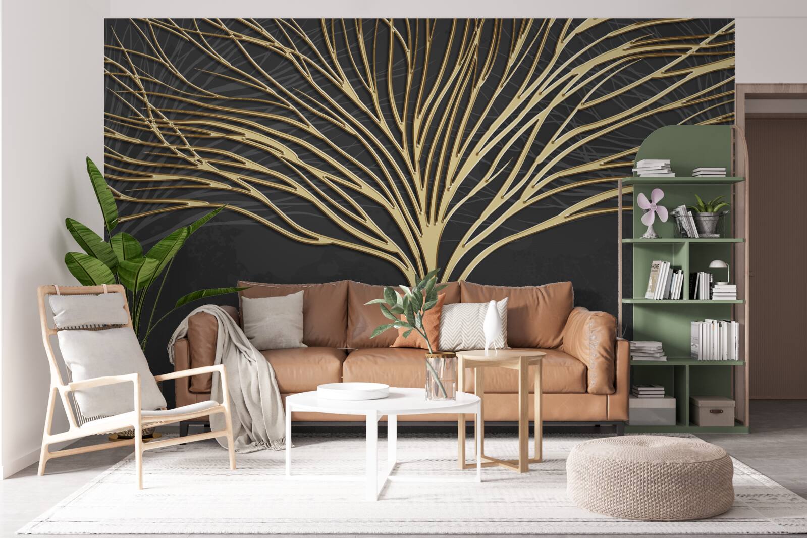 Papier peint arbre abstrait en or