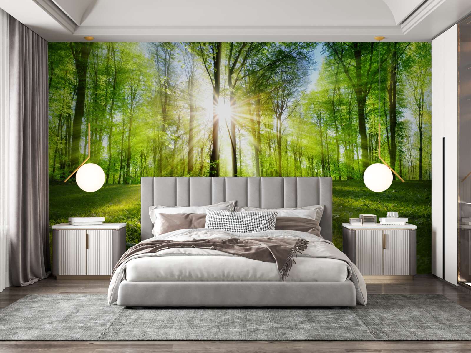 Papier peint les rayons du soleil pénètrent les arbres