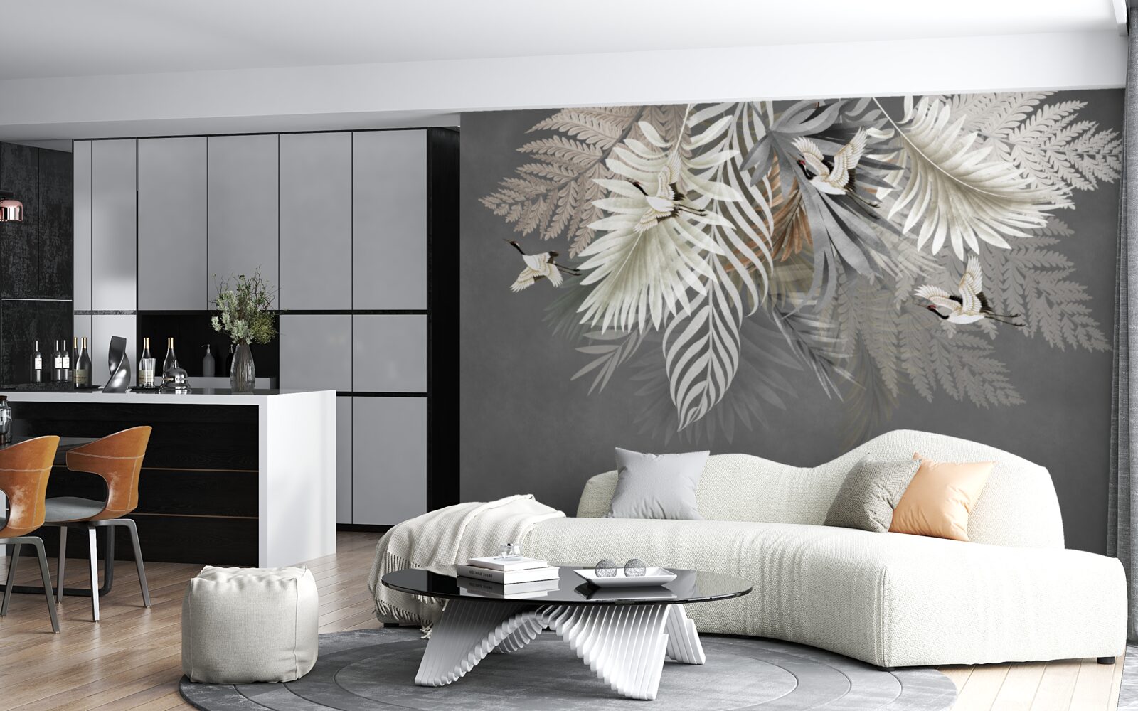 Papier peint feuilles et oiseaux