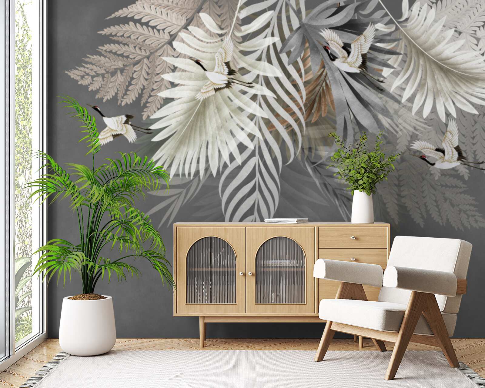 Papier peint feuilles et oiseaux