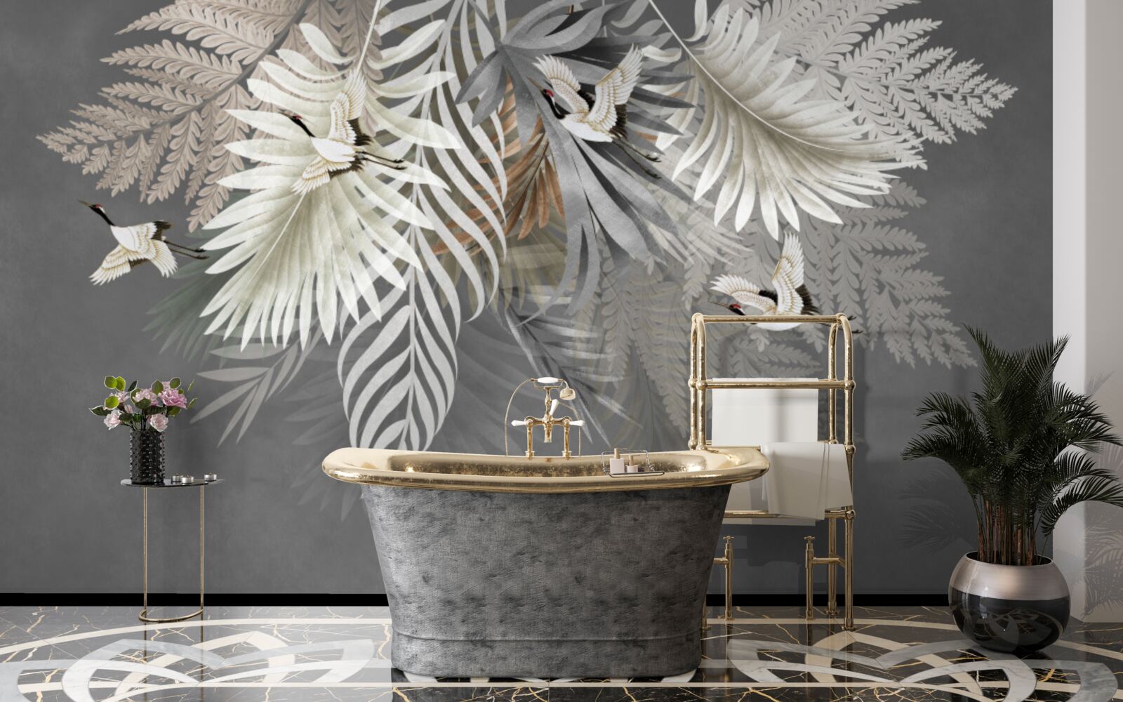 Papier peint feuilles et oiseaux