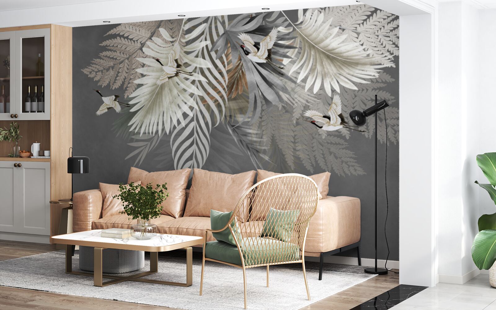 Papier peint feuilles et oiseaux