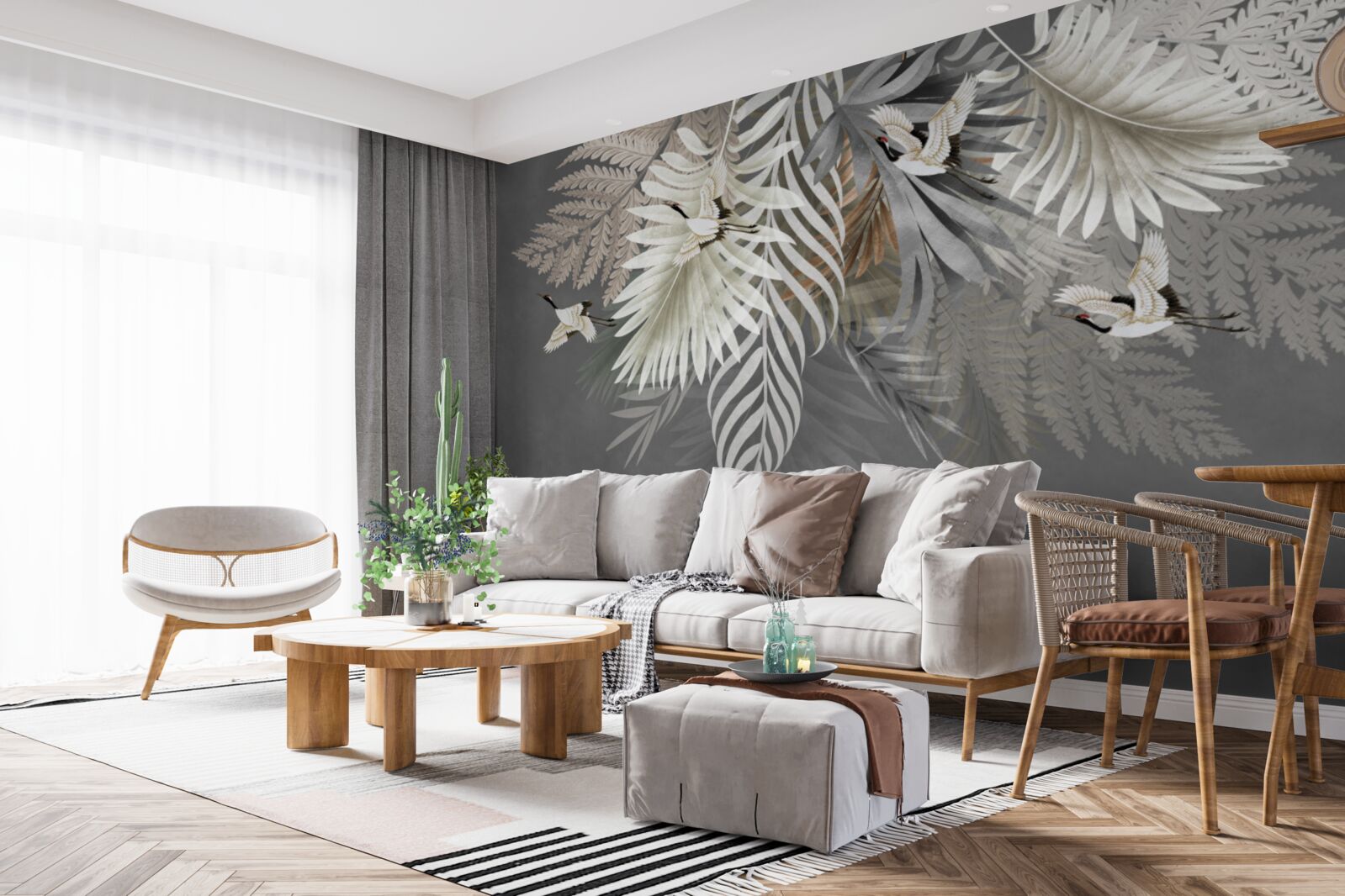 Papier peint feuilles et oiseaux