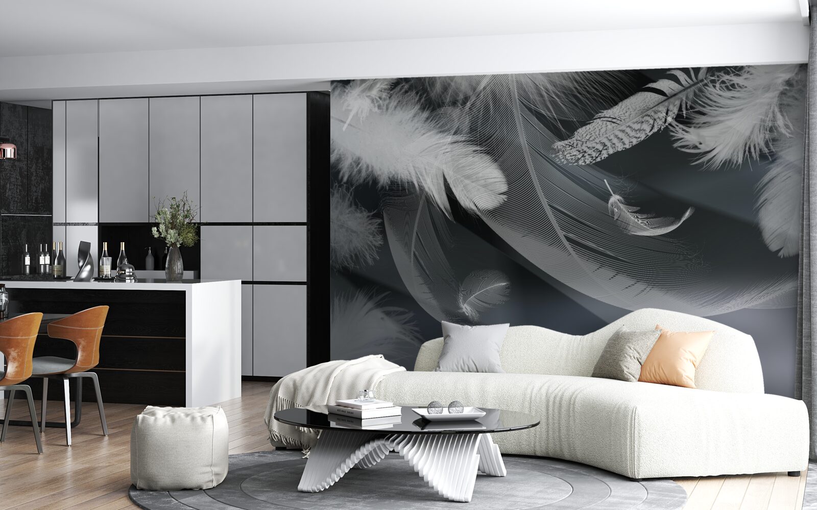 Papier peint fond sombre décoré de plumes