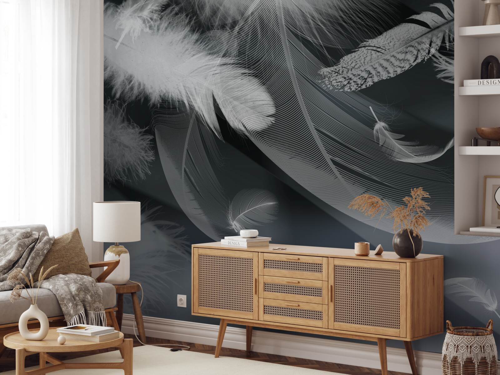 Papier peint fond sombre décoré de plumes