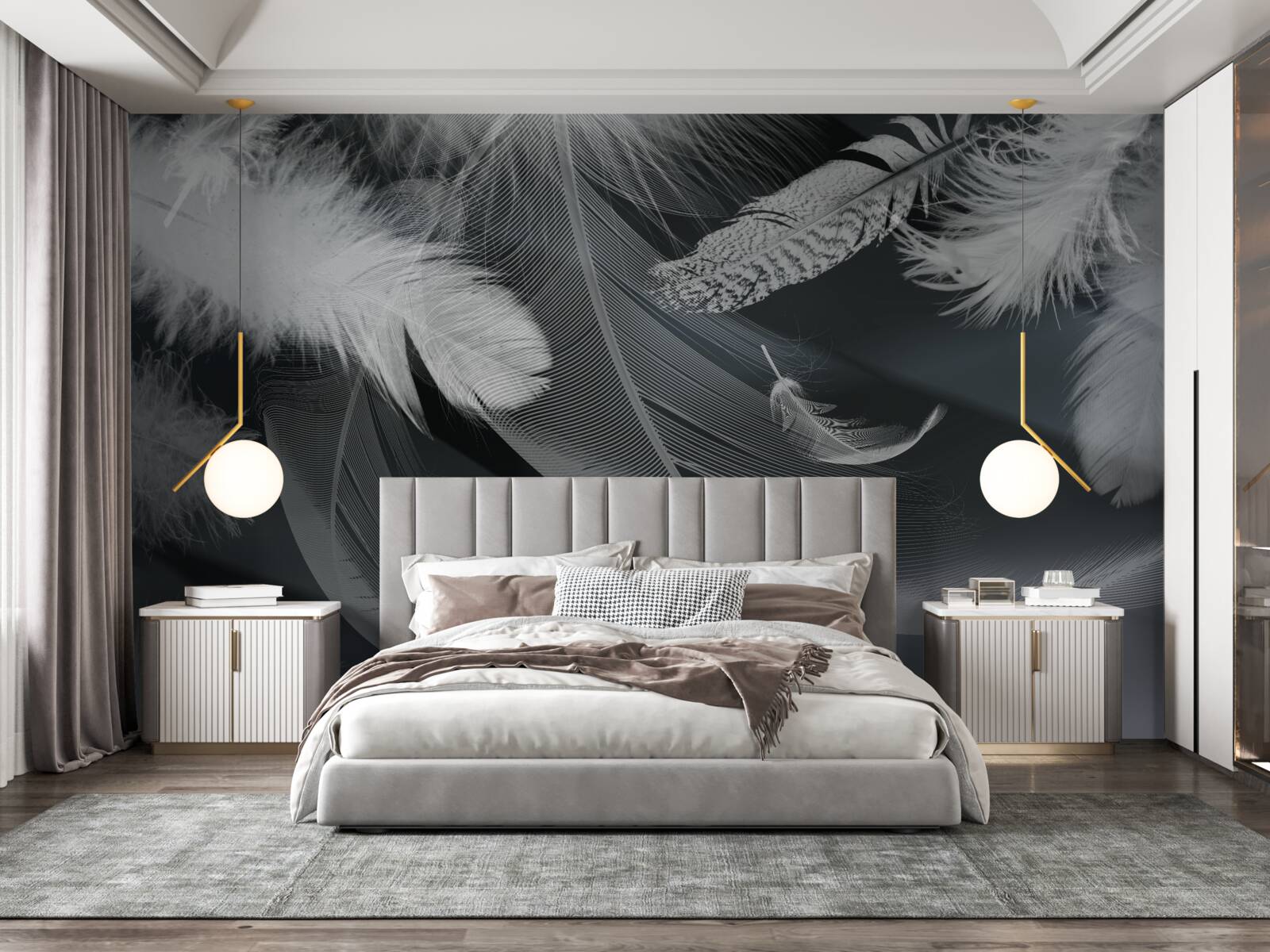 Papier peint fond sombre décoré de plumes