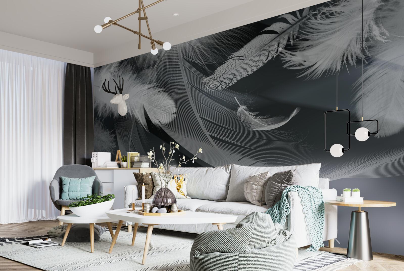 Papier peint fond sombre décoré de plumes