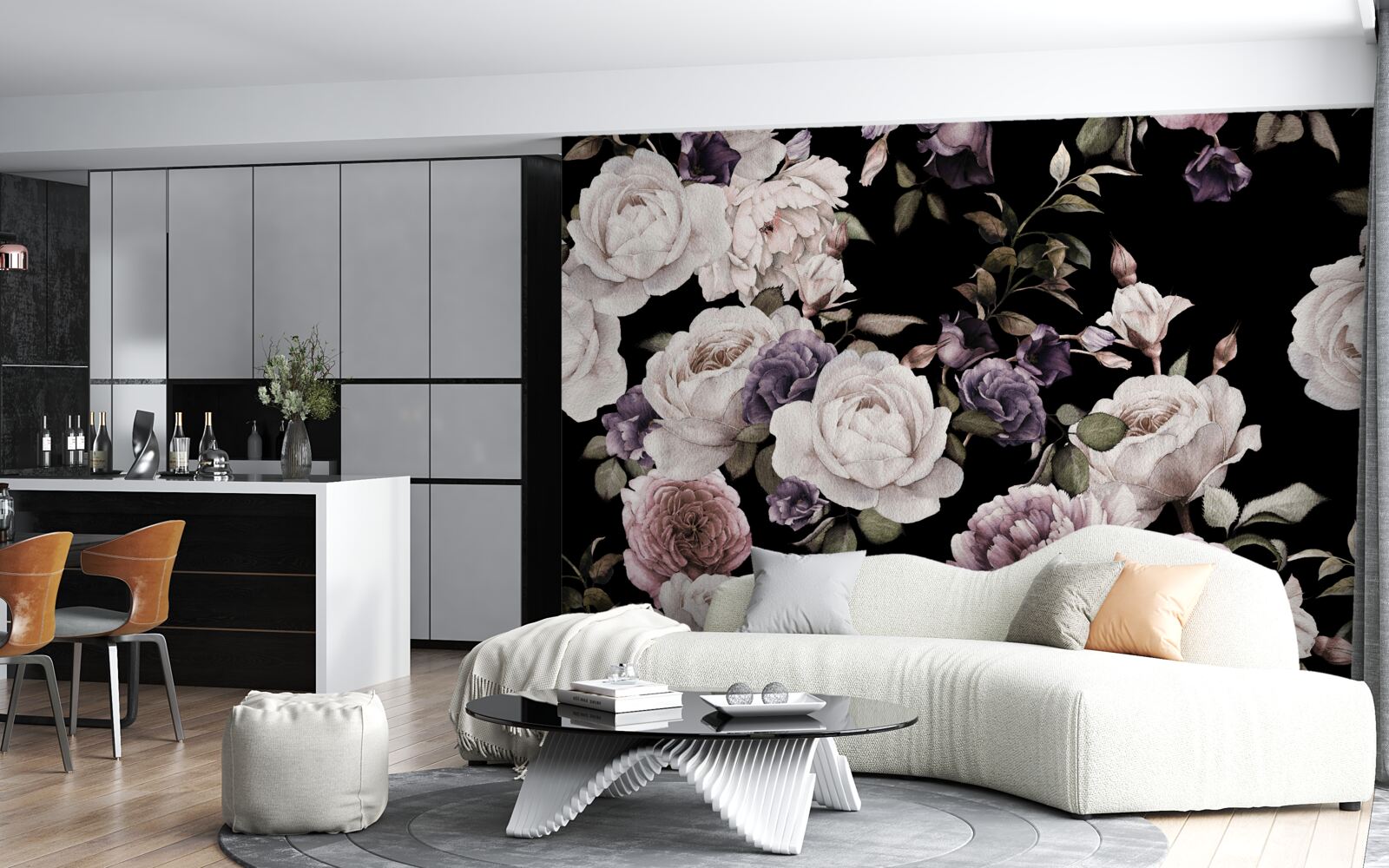 Papier peint fond sombre décoré de pivoines