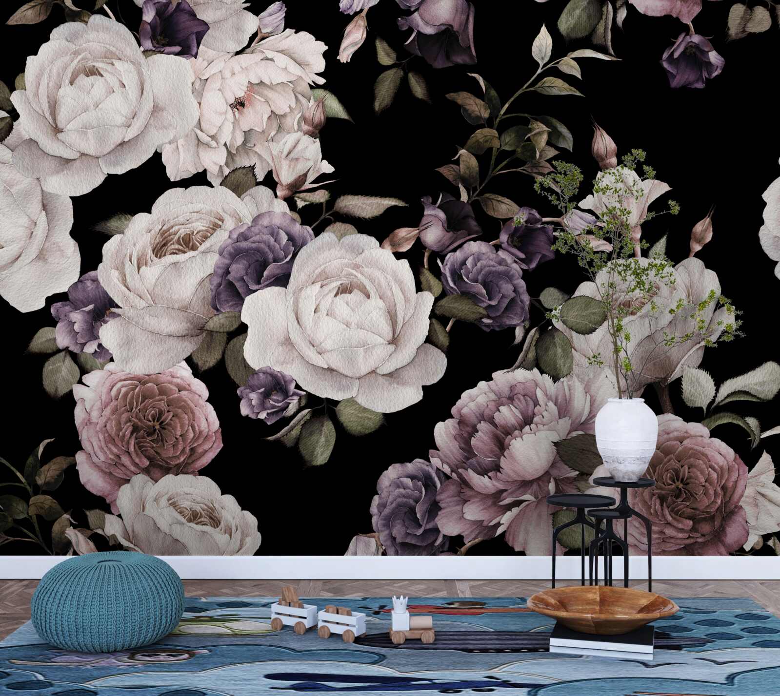 Papier peint fond sombre décoré de pivoines