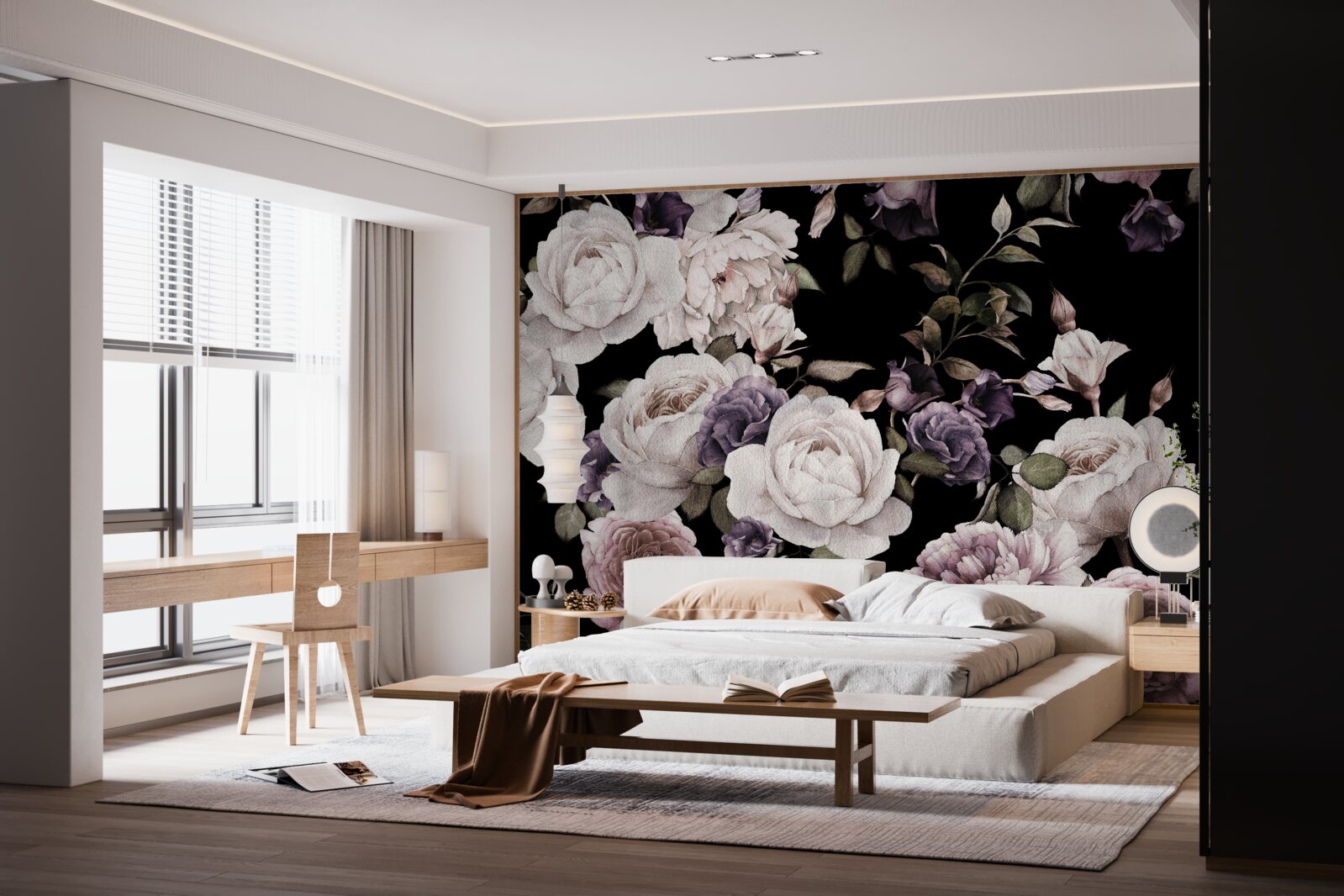 Papier peint fond sombre décoré de pivoines