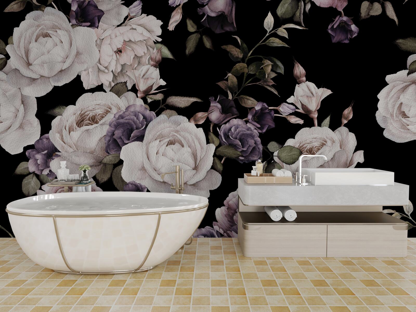 Papier peint fond sombre décoré de pivoines