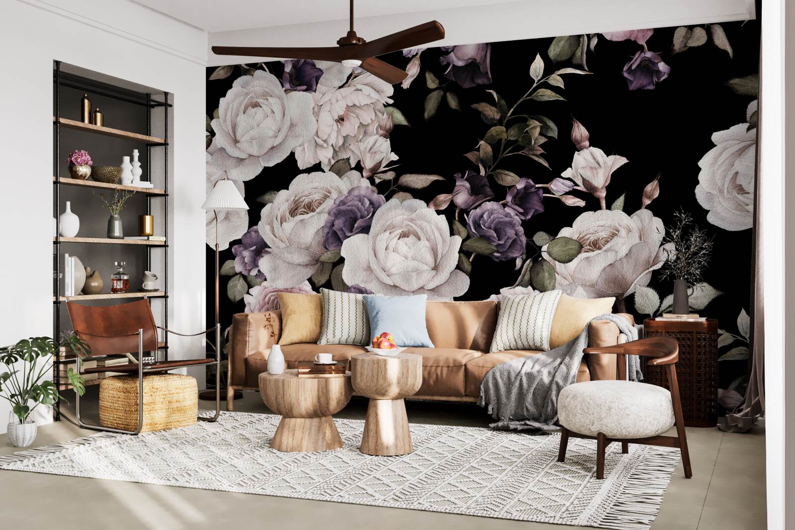 Papier peint fond sombre décoré de pivoines