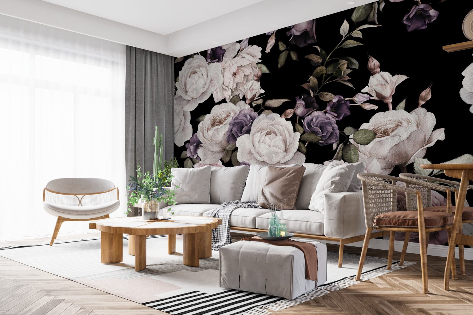 Papier peint fond sombre décoré de pivoines