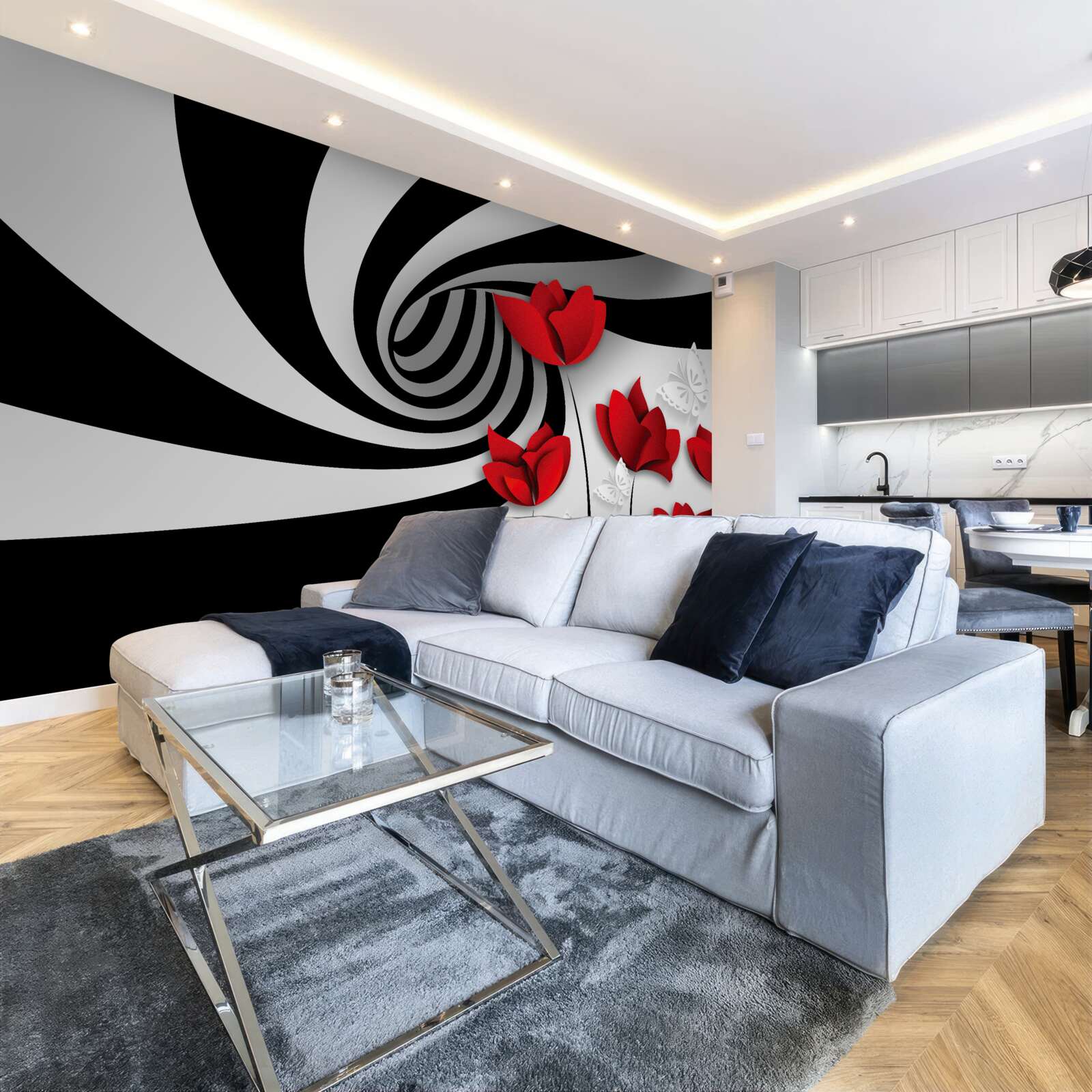 Papier peint tunnel et bourgeons écarlates