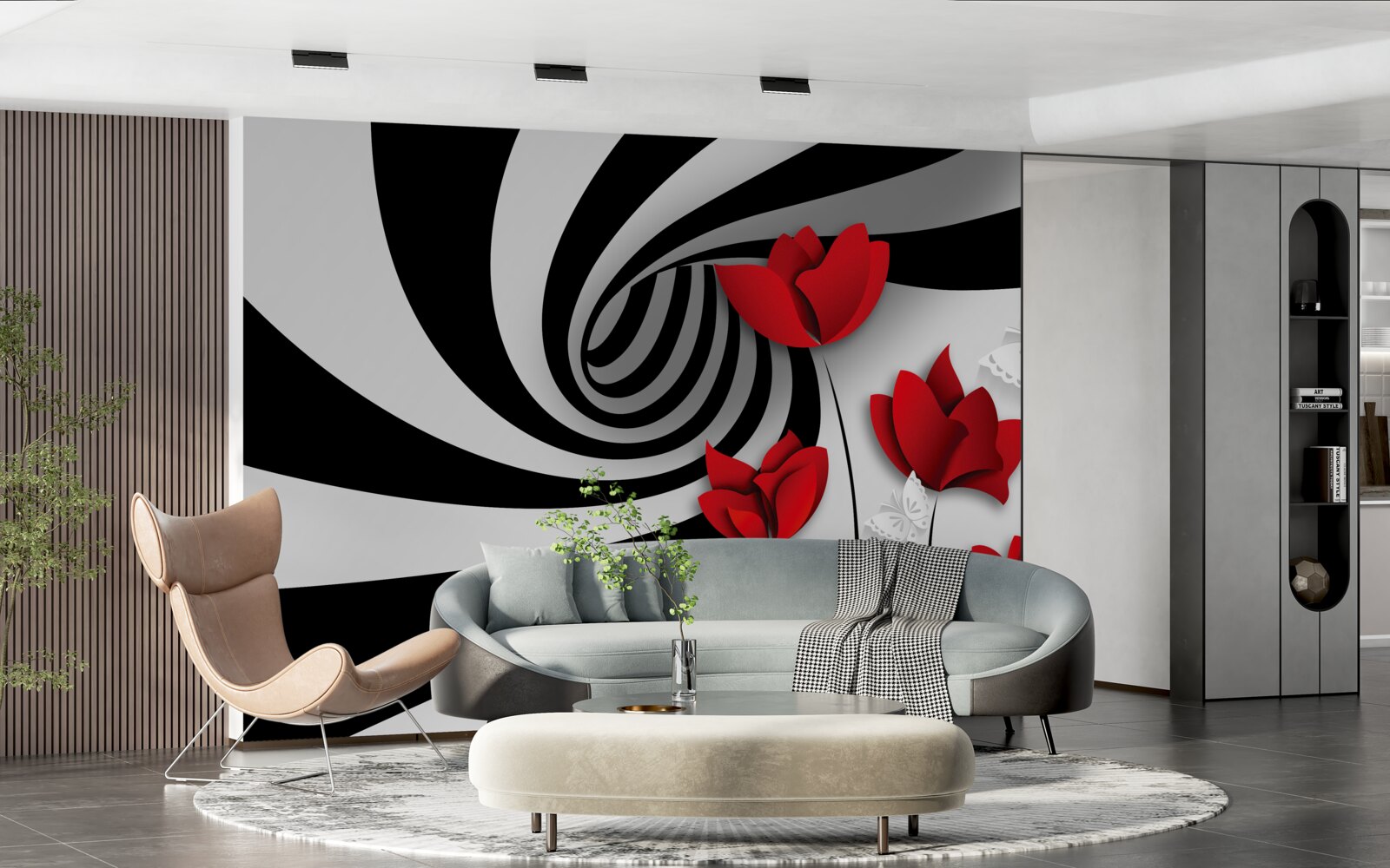 Papier peint tunnel et bourgeons écarlates