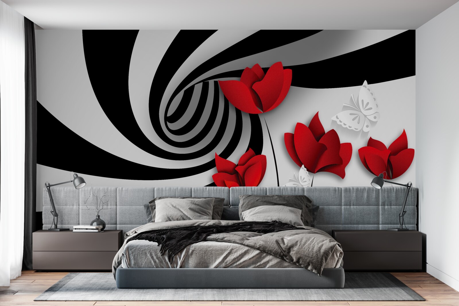 Papier peint tunnel et bourgeons écarlates