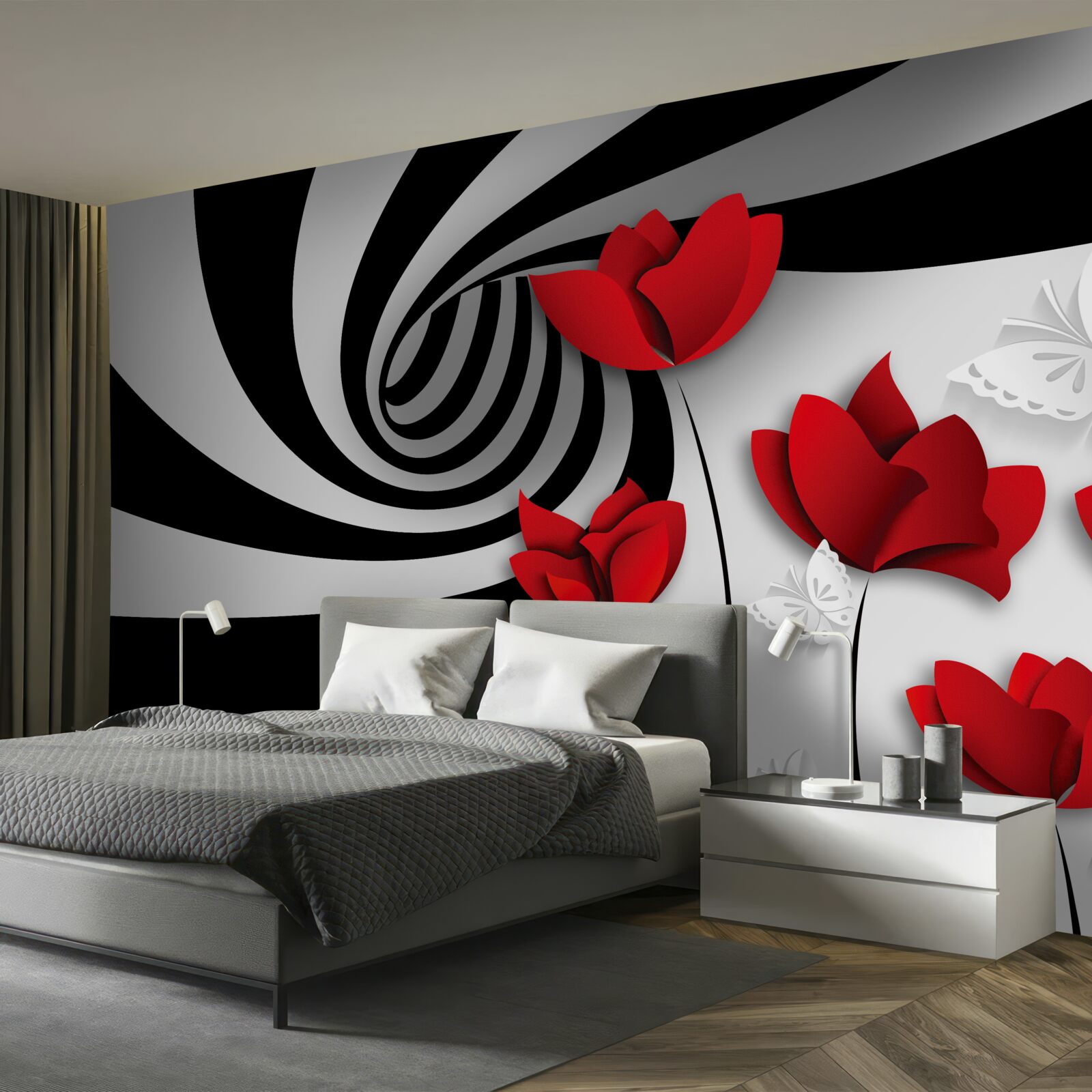 Papier peint tunnel et bourgeons écarlates