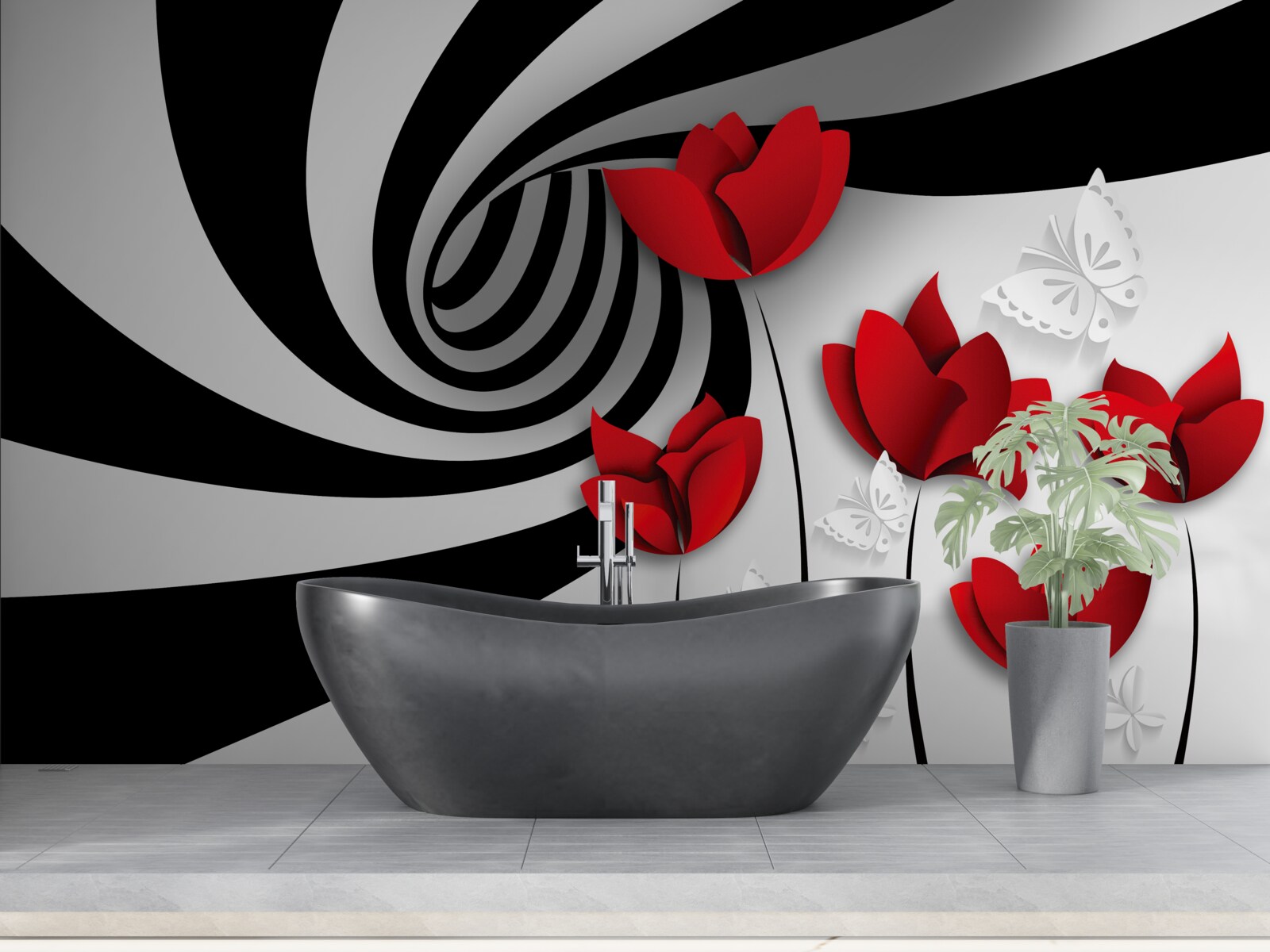 Papier peint tunnel et bourgeons écarlates