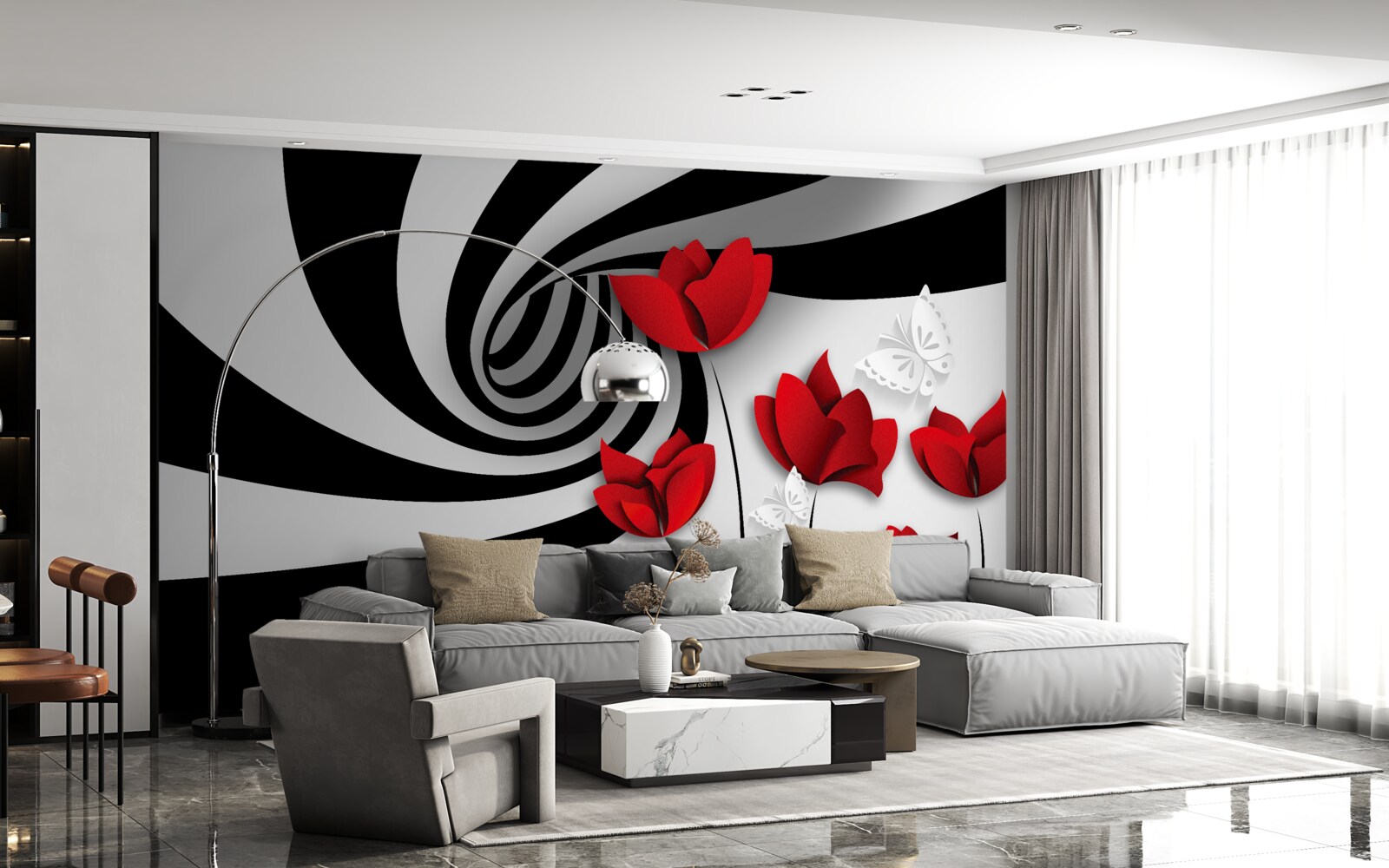 Papier peint tunnel et bourgeons écarlates