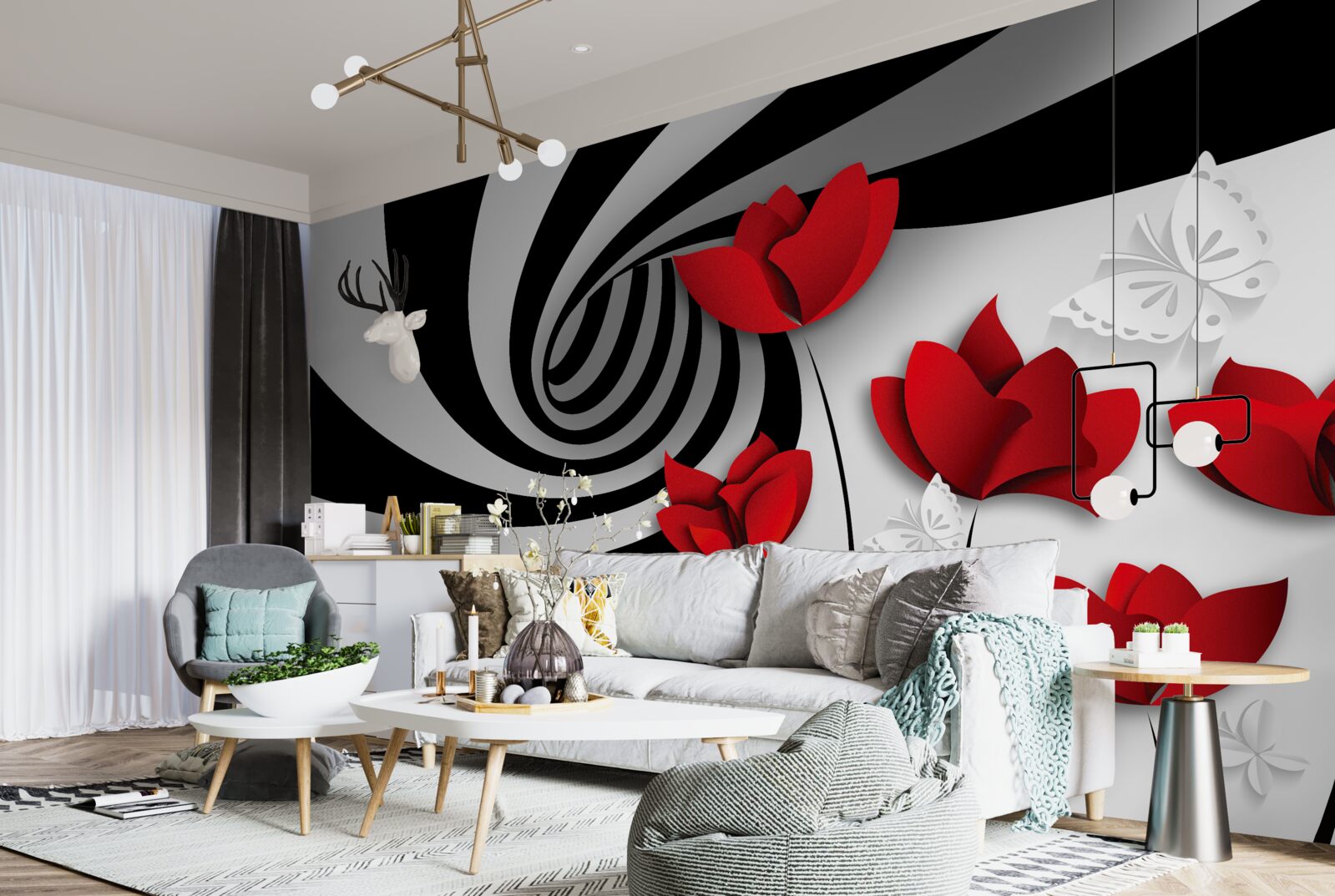 Papier peint tunnel et bourgeons écarlates