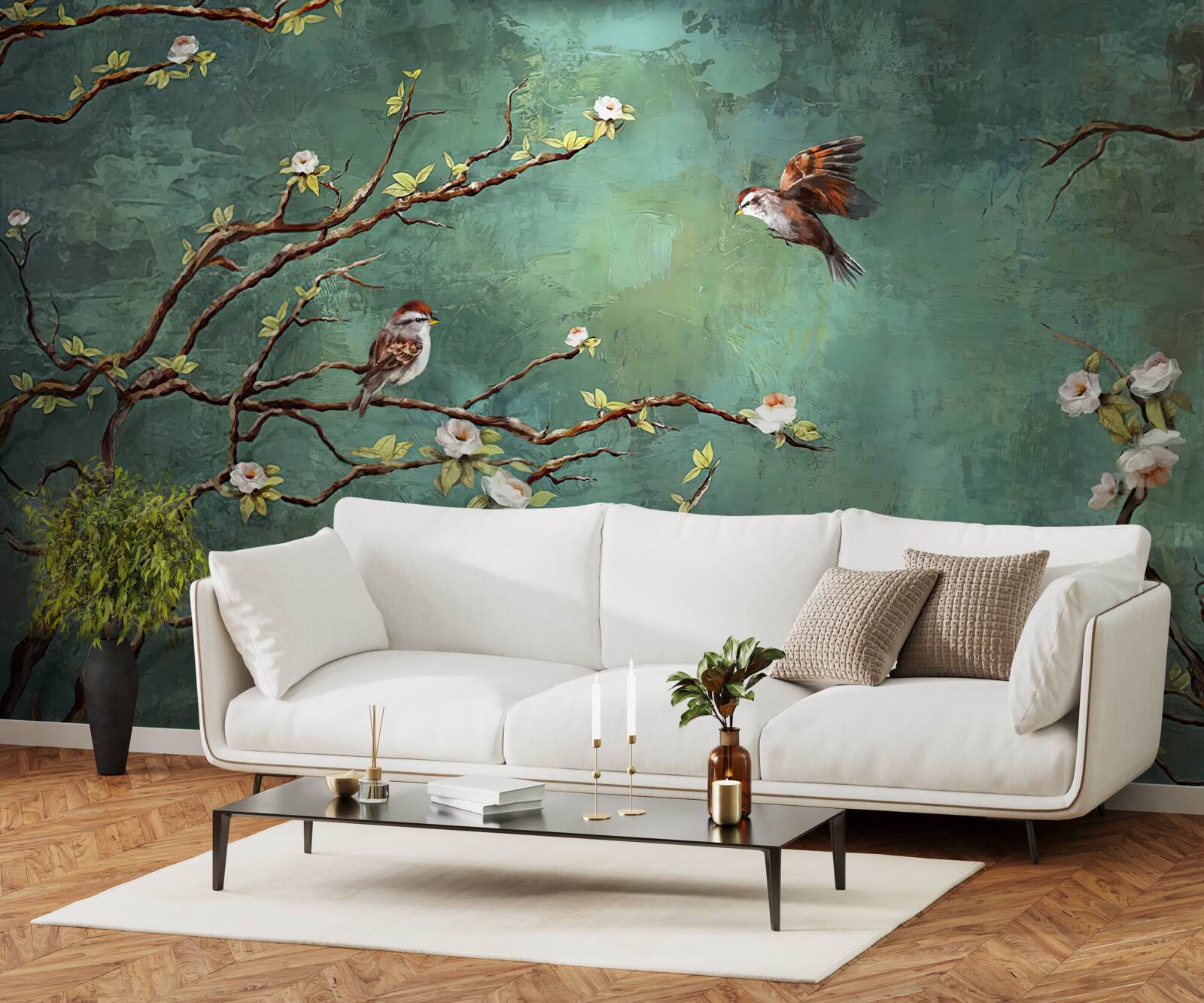 Papier peint les branches sont parsemées d'oiseaux