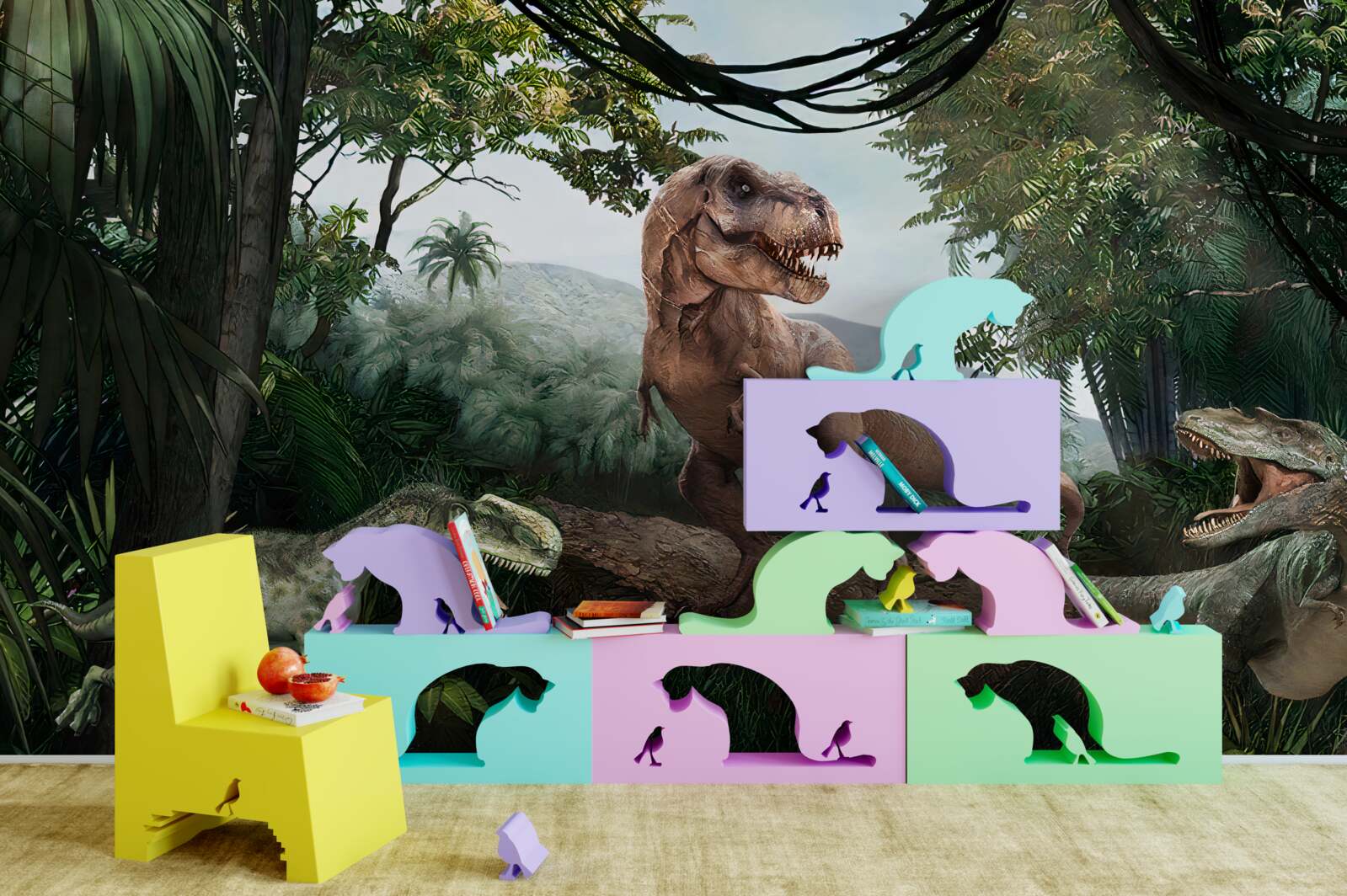 Papier peint vélociraptor, lézard de l'aube et lézard préhistorique