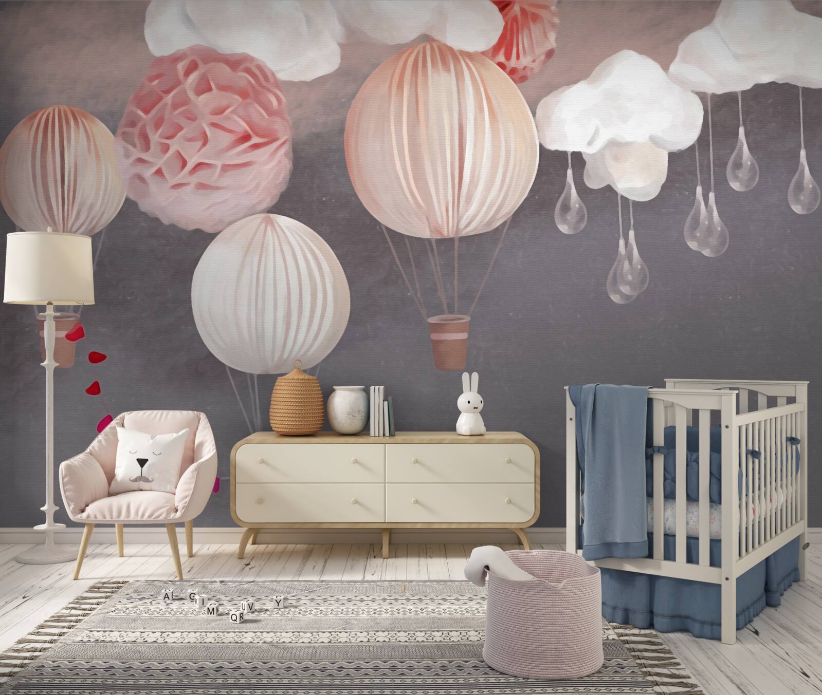 Papier peint boules dans des paniers roses