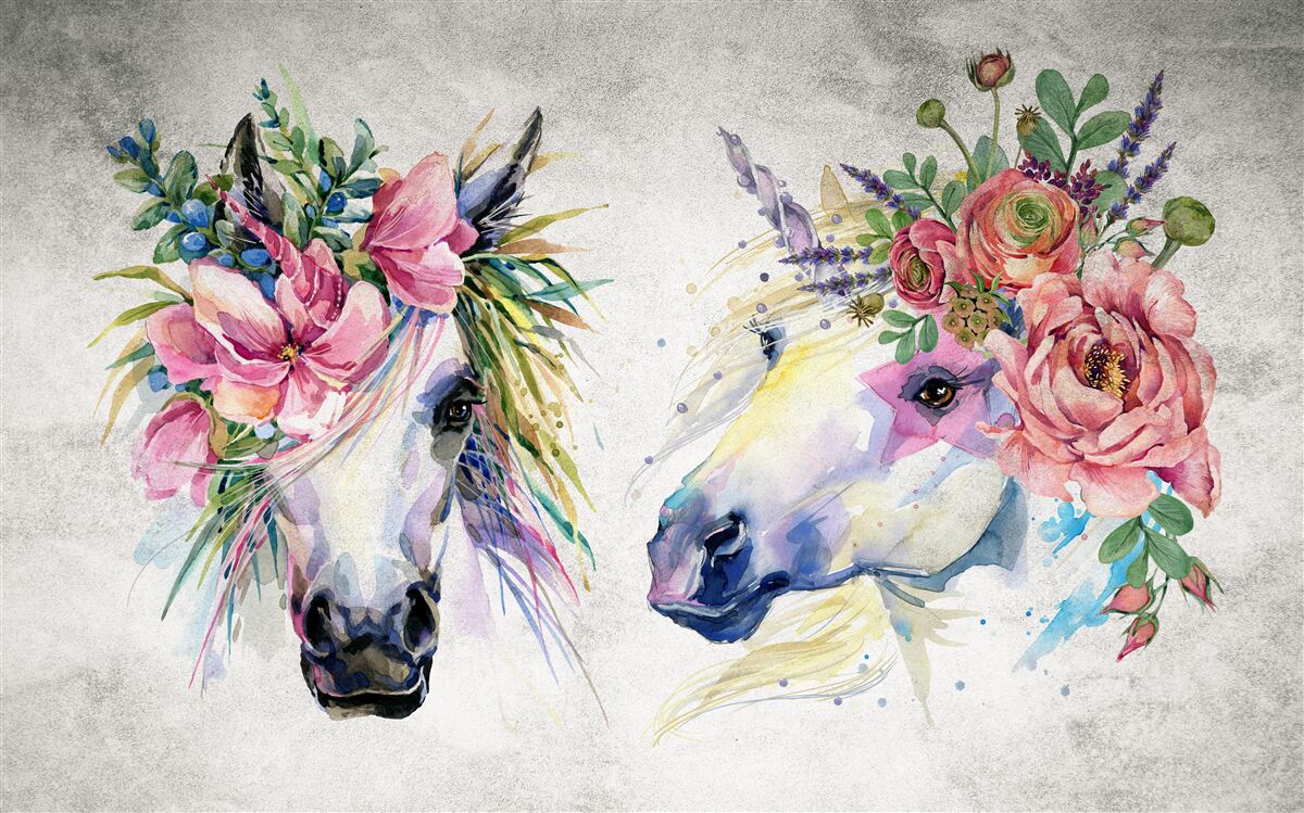 Papier peint fleurs, peintures à l'eau et instruments d'écriture