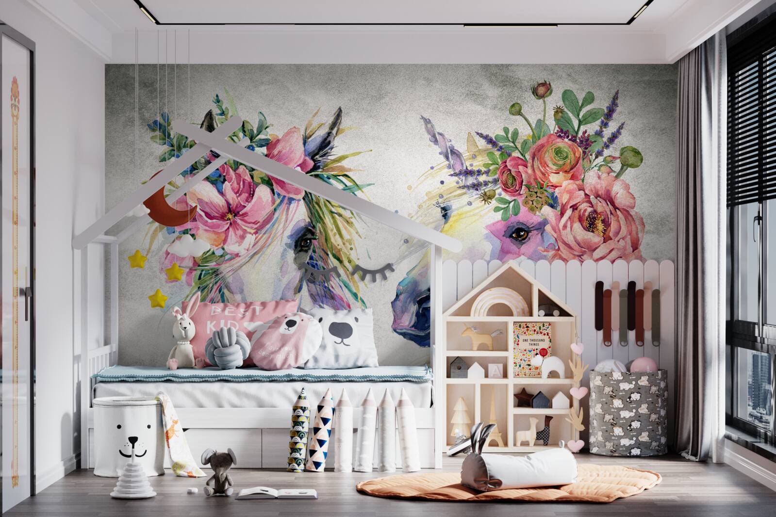 Papier peint fleurs, peintures à l'eau et instruments d'écriture