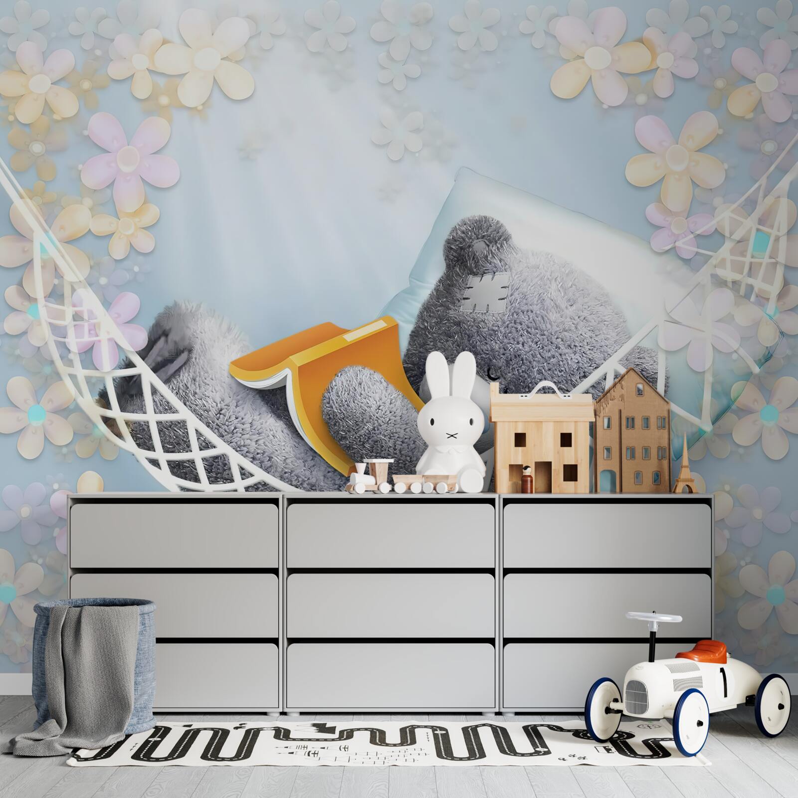 Papier peint ours en peluche assis dans un hamac