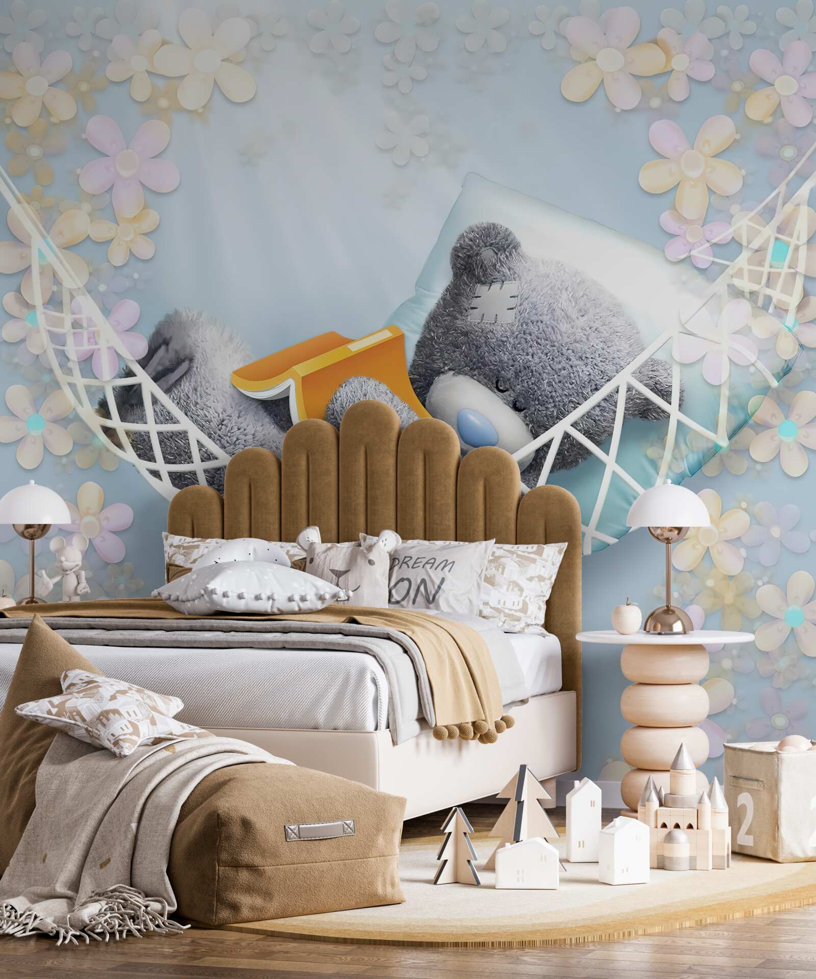 Papier peint ours en peluche assis dans un hamac