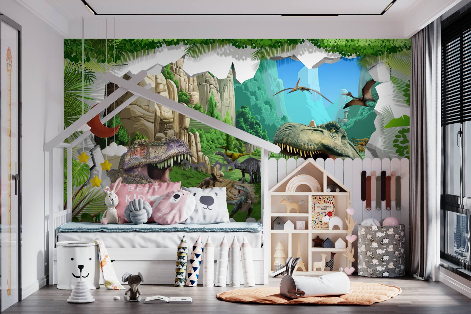 Papier peint montagnes et dinosaures