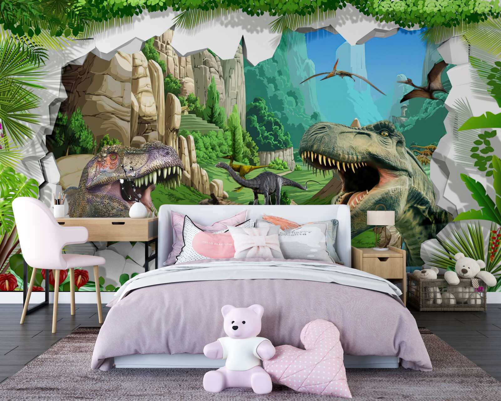Papier peint montagnes et dinosaures