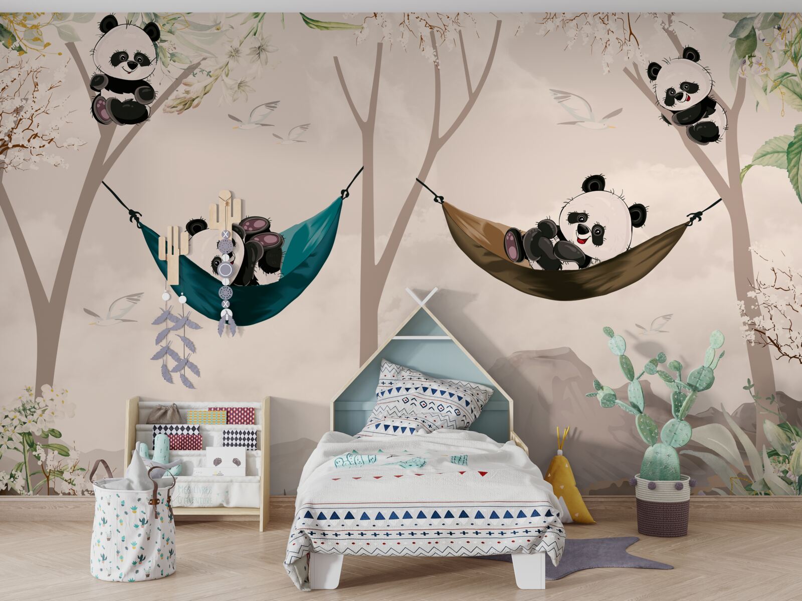 Papier peint des arbres avec des pandas