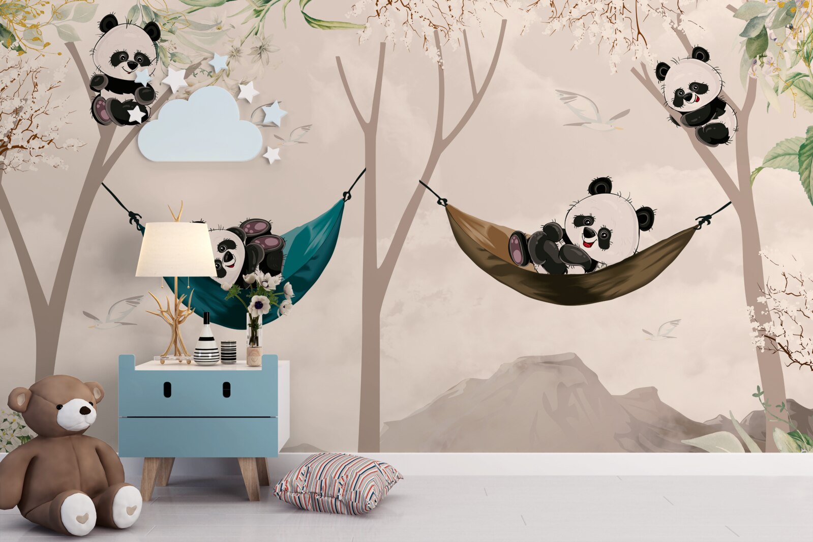 Papier peint des arbres avec des pandas