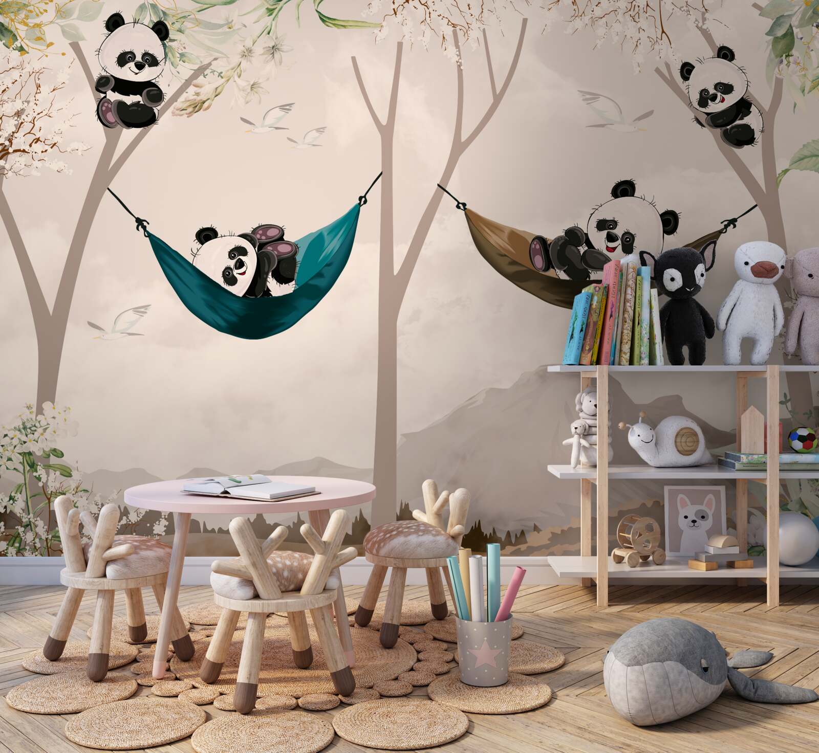 Papier peint des arbres avec des pandas