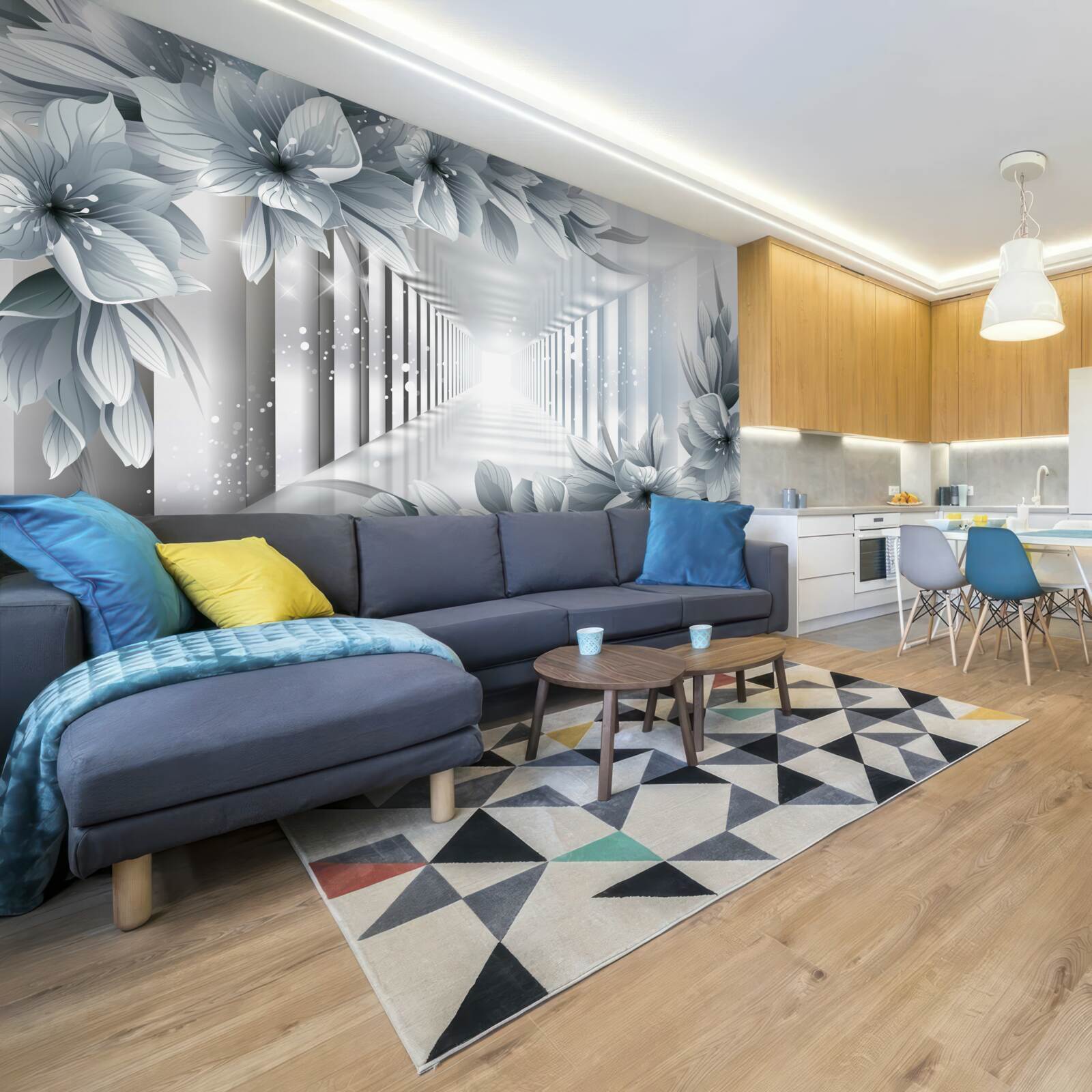 Papier peint tunnel sans fin et plantes colorées