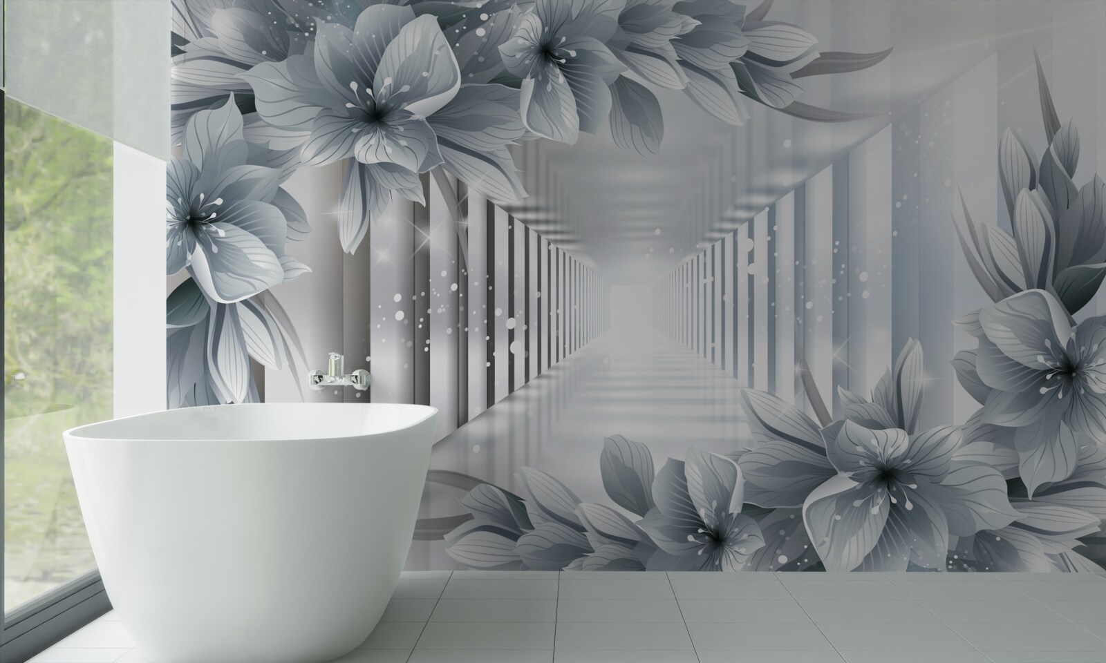 Papier peint tunnel sans fin et plantes colorées