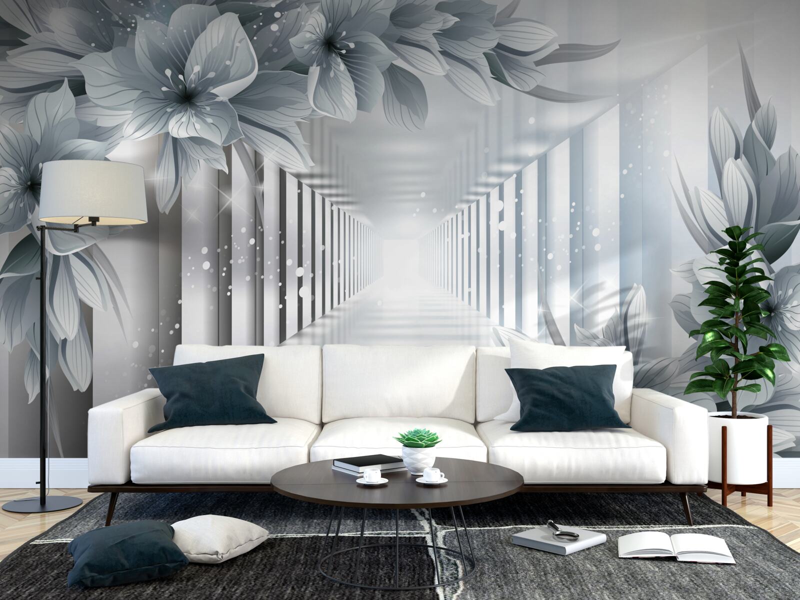 Papier peint tunnel sans fin et plantes colorées