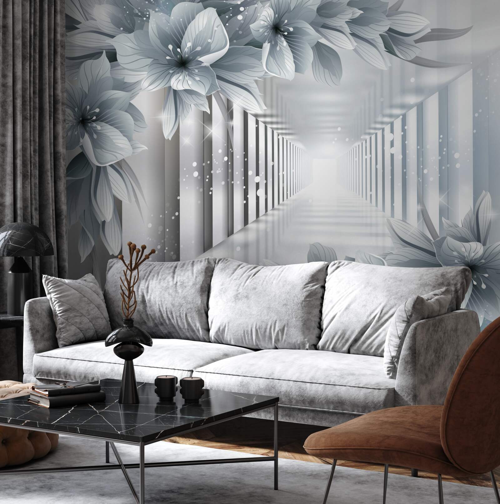 Papier peint tunnel sans fin et plantes colorées