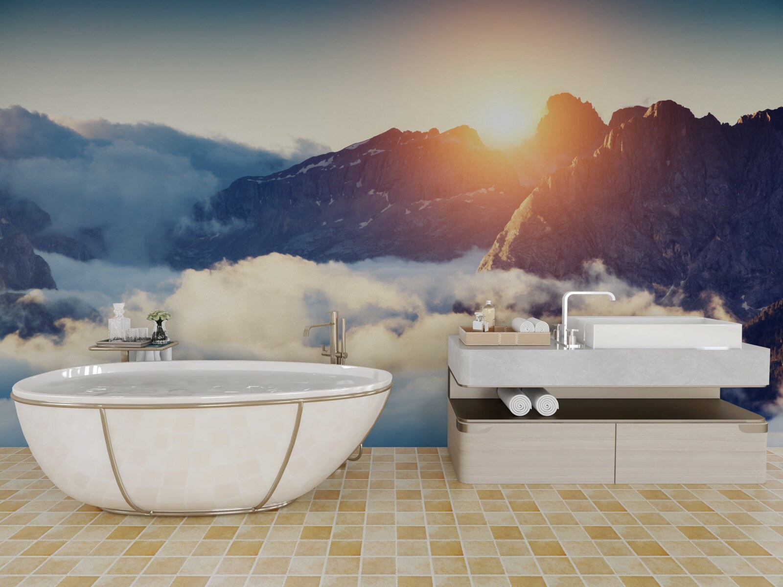 Papier peint coucher de soleil dans un paysage montagneux