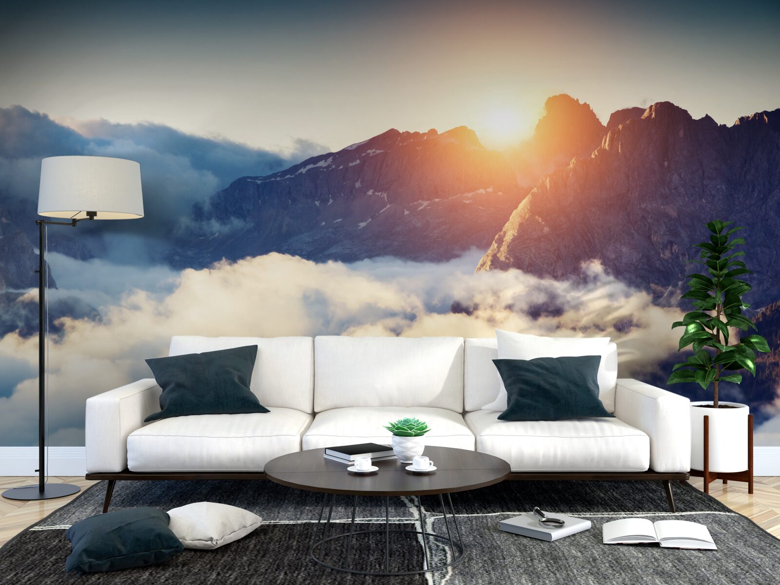 Papier peint coucher de soleil dans un paysage montagneux